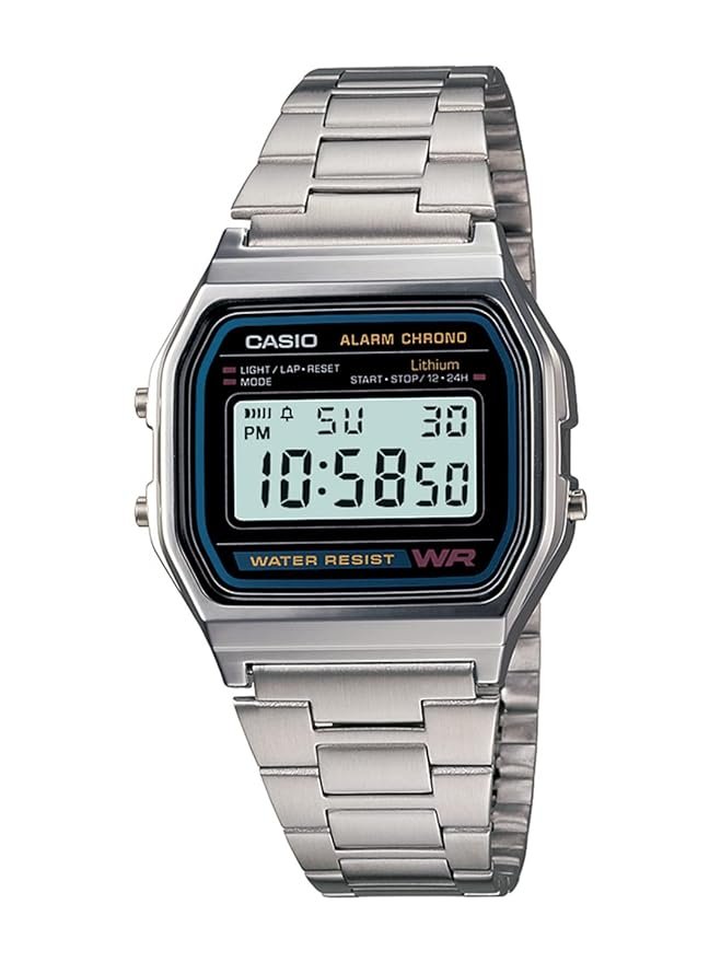 casio vintage a 158wa 1q digital grey dial unisex watch silver metal strap
