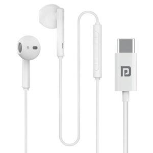 portronics conch theta c in ear type c wired earphones with in line hd mic, powerful audio, 14.2mm driver, unique earbuds design, tpe anti tangle wire, in line controls, wide compatibility(white)