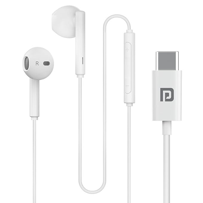 portronics conch theta c in ear type c wired earphones with in line hd mic, powerful audio, 14.2mm driver, unique earbuds design, tpe anti tangle wire, in line controls, wide compatibility(white)