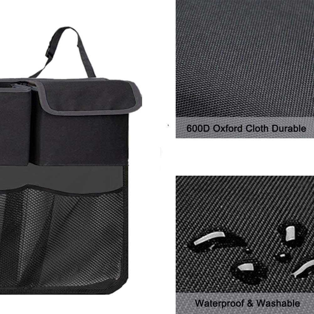 car back seat organizer with multiple pockets, adjustable straps and mesh storage, black