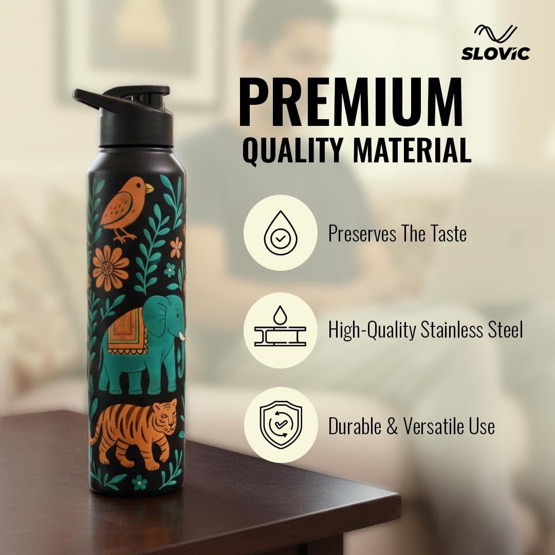 slovic steel water bottle 1 ltr | incredible india design fridge water bottle for school kids | 100% bpa free & leak proof | sipper water bottles for adults | ideal for gym, office, travel