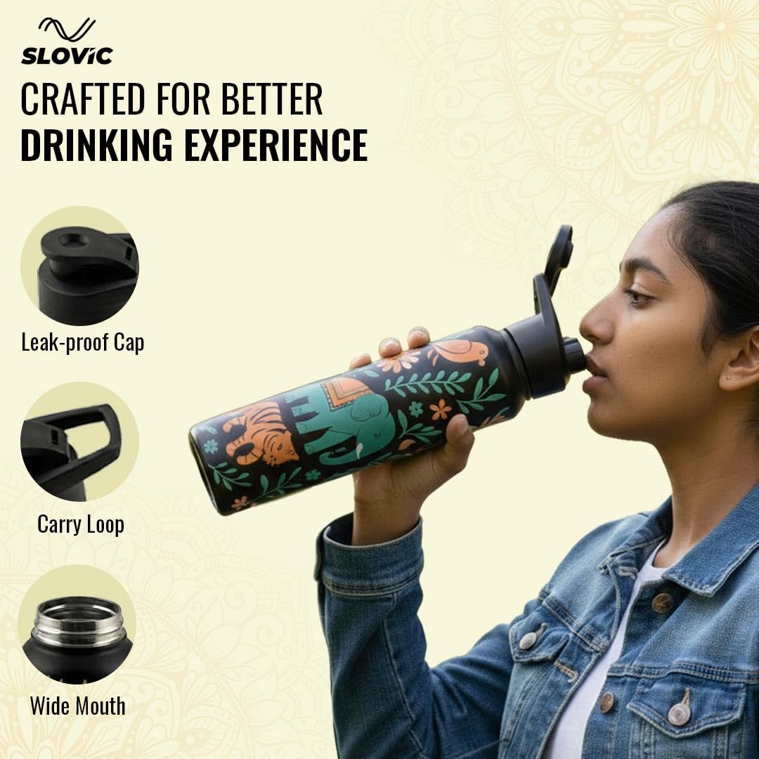 slovic steel water bottle 1 ltr | incredible india design fridge water bottle for school kids | 100% bpa free & leak proof | sipper water bottles for adults | ideal for gym, office, travel