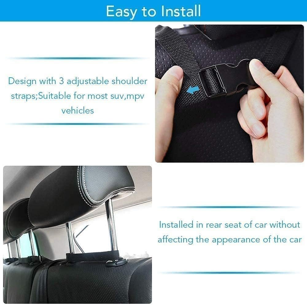 car back seat organizer with multiple pockets, adjustable straps and mesh storage, black