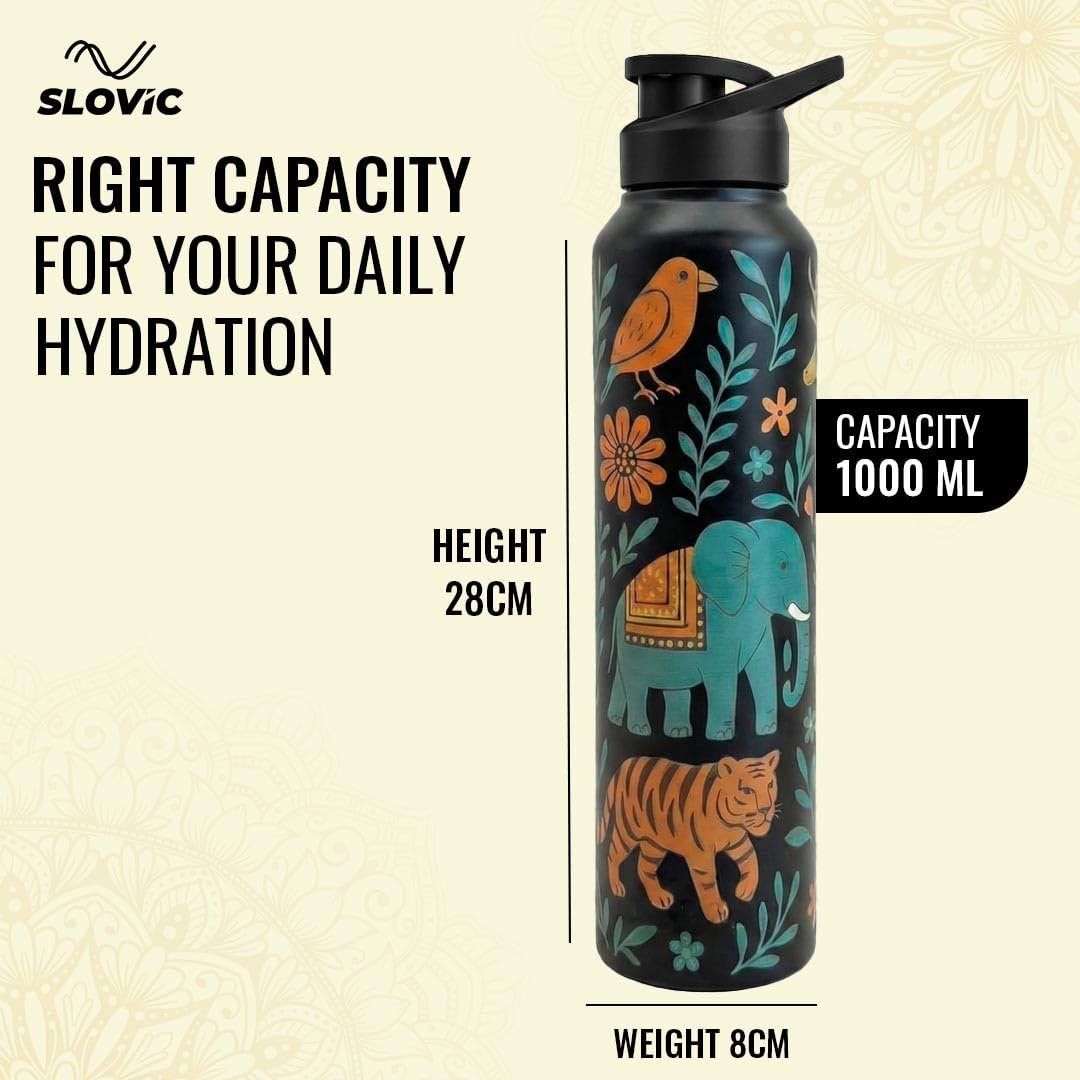 slovic steel water bottle 1 ltr | incredible india design fridge water bottle for school kids | 100% bpa free & leak proof | sipper water bottles for adults | ideal for gym, office, travel