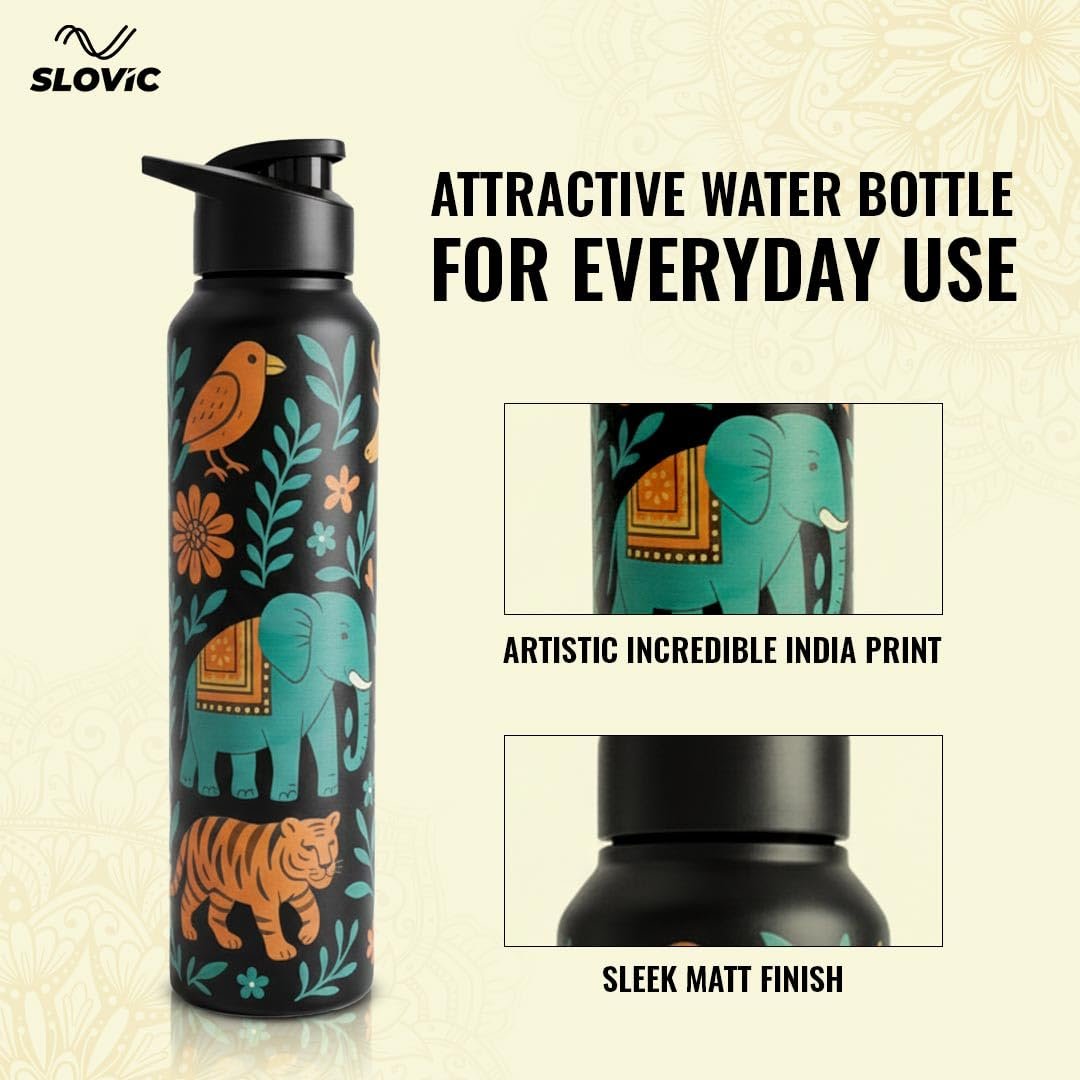 slovic steel water bottle 1 ltr | incredible india design fridge water bottle for school kids | 100% bpa free & leak proof | sipper water bottles for adults | ideal for gym, office, travel