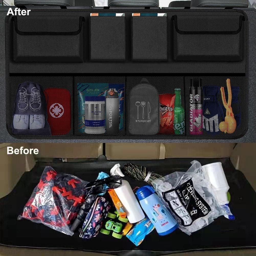 car back seat organizer with multiple pockets, adjustable straps and mesh storage, black