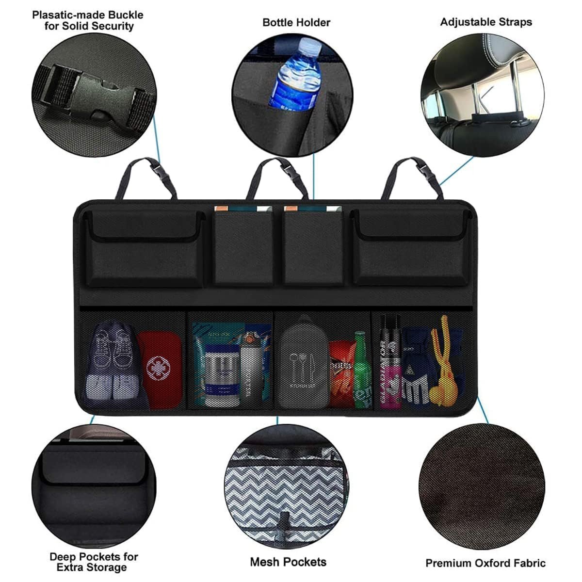 car back seat organizer with multiple pockets, adjustable straps and mesh storage, black