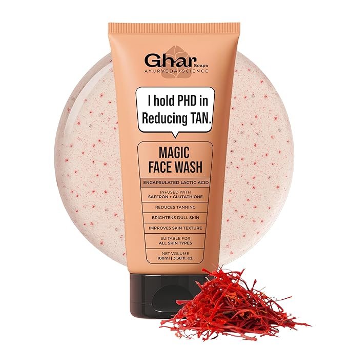 ghar soaps magic de tan face wash with saffron & glutathione 100ml | tan removal, brightening and glowing skin i for all skin type i for men & women ghar soaps magic de tan face wash with saffron & glutathione 100ml | tan removal, brightening and glowing skin i for all skin type i for men & women