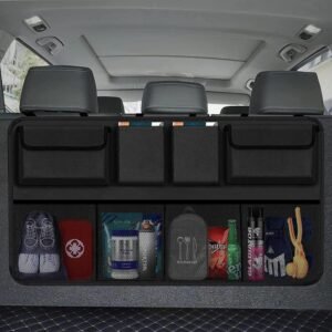 car back seat organizer with multiple pockets, adjustable straps and mesh storage, black