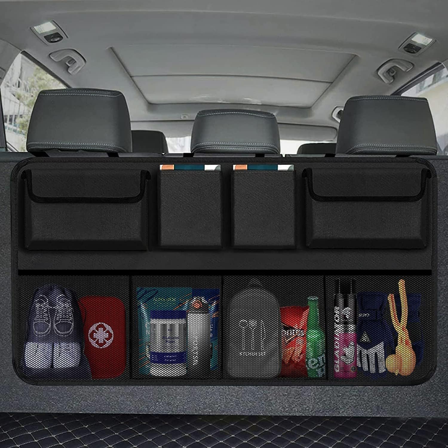 car back seat organizer with multiple pockets, adjustable straps and mesh storage, black