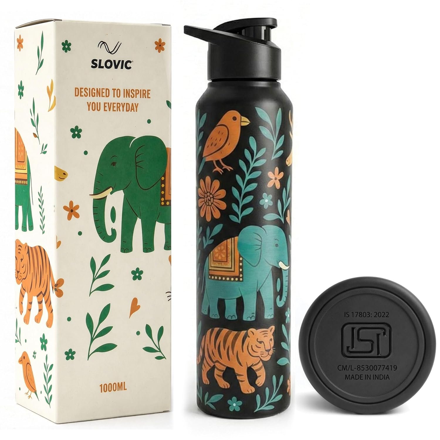 slovic steel water bottle 1 ltr | incredible india design fridge water bottle for school kids | 100% bpa free & leak proof | sipper water bottles for adults | ideal for gym, office, travel