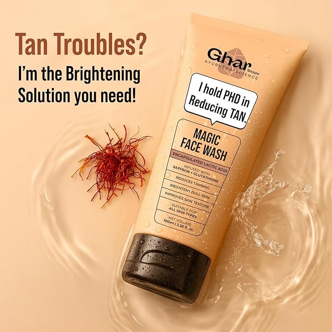 ghar soaps magic de tan face wash with saffron & glutathione 100ml | tan removal, brightening and glowing skin i for all skin type i for men & women ghar soaps magic de tan face wash with saffron & glutathione 100ml | tan removal, brightening and glowing skin i for all skin type i for men & women